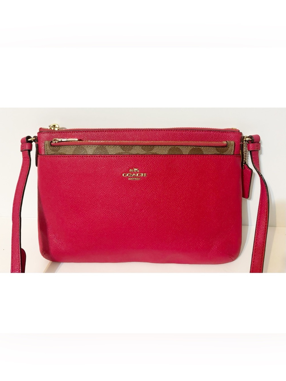 Coach Crossbody Purse Bag w/Pop-Up Pouch, Raspberry Purse, Tan/Brown Pouch - Picture 2 of 13